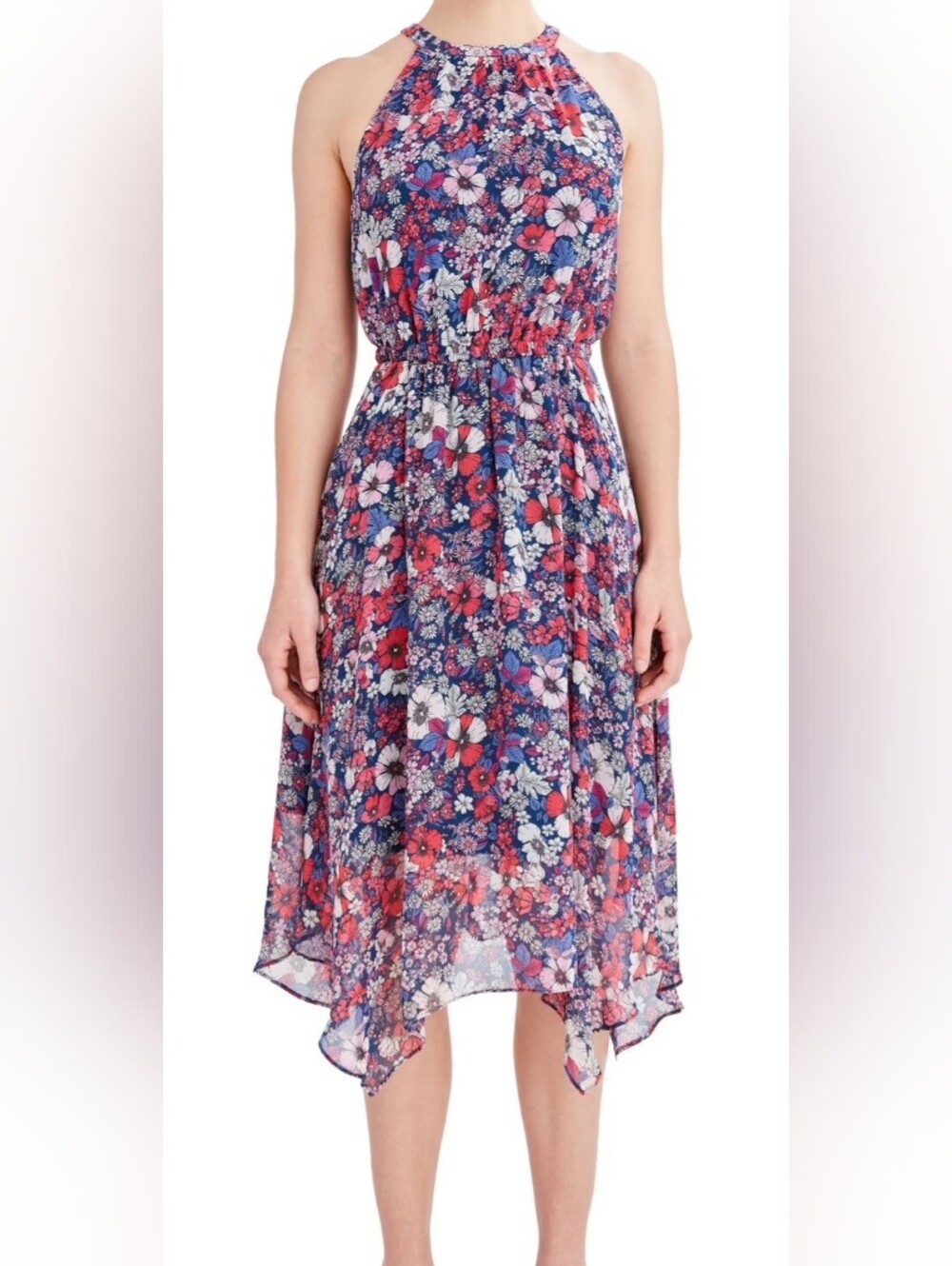 BCBG Navy Floral High-Low Midi Dress with Red and White Blooms